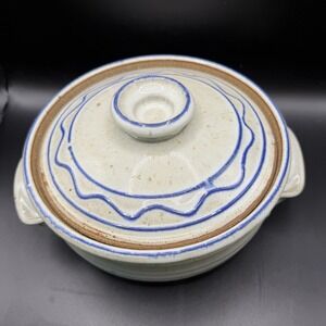 VTG Lidded Studio Pottery Casserole Dish Unsigned Blue/Off White Glaze StoneWARE
